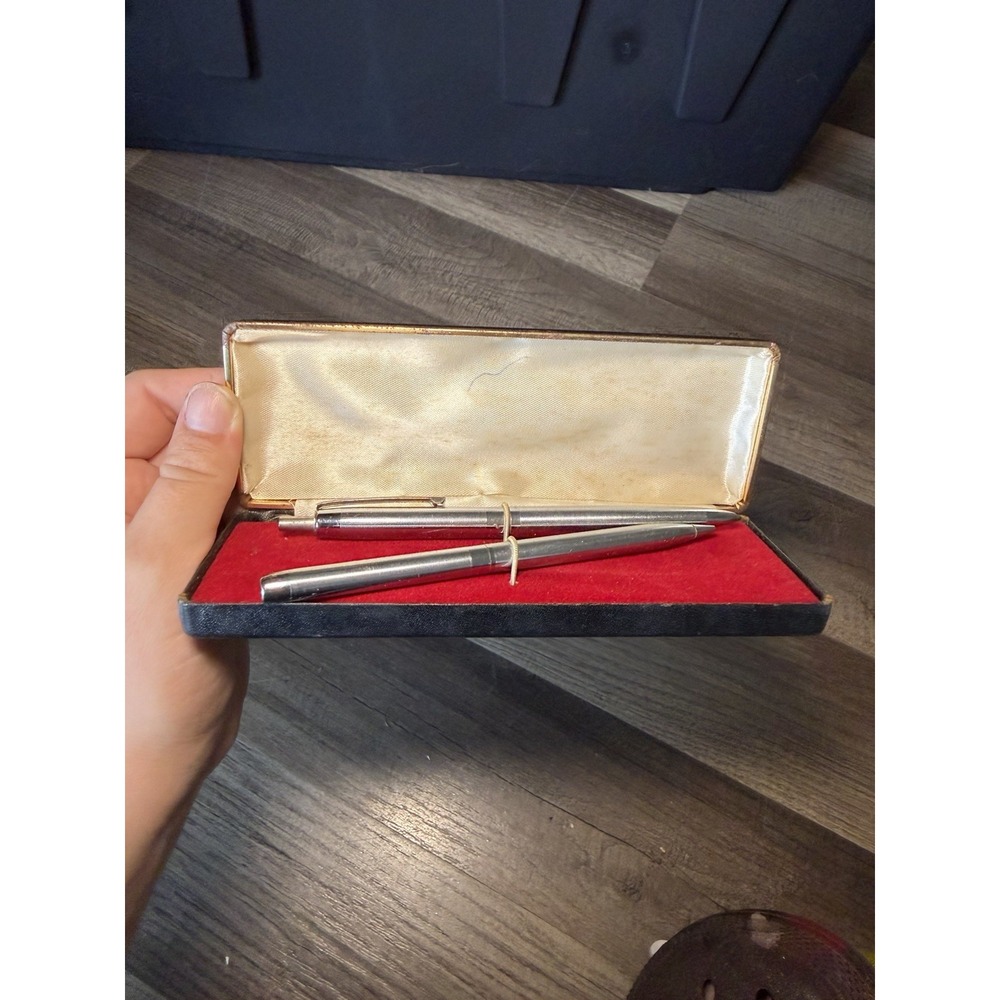 Vintage Rocket Pen and Pencil Set in Original Case Silver Tone Writing Set